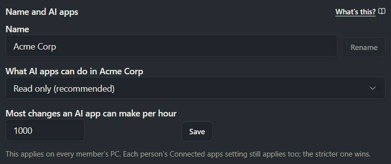 The Name and AI apps part of a team library’s Manage window, with three choices for what AI apps can do and an hourly limit.