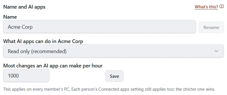 The Name and AI apps part of a team library’s Manage window, with three choices for what AI apps can do and an hourly limit.