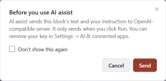 The Before you use AI assist window naming where the text is sent, with Send and Cancel buttons.
