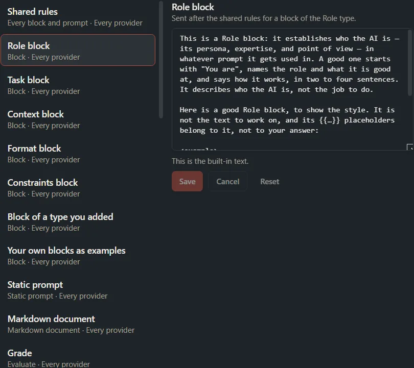 The list of AI instruction entries on the left and the selected entry’s text in an editor on the right.