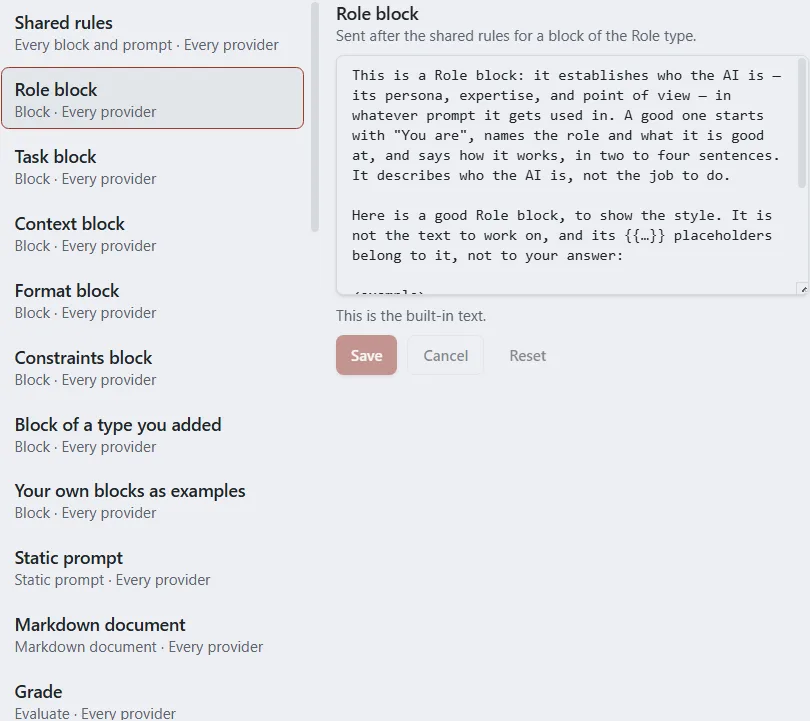 The list of AI instruction entries on the left and the selected entry’s text in an editor on the right.