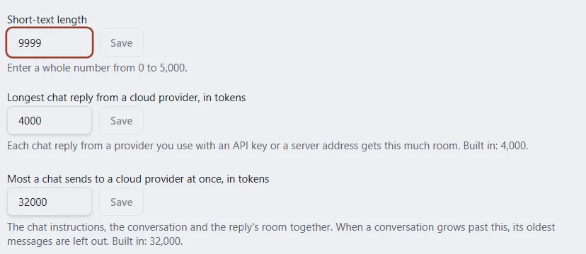 The number settings for AI instructions, one with a message that the number is out of range.