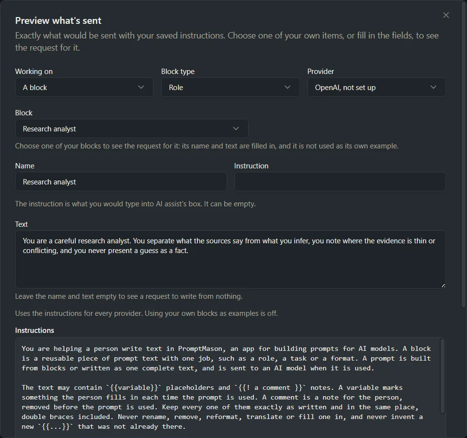 The Preview what’s sent window with Working on and Provider lists, and the Request it will send.