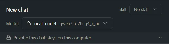 A chat header with the local model chosen and a line saying the chat stays on this computer.
