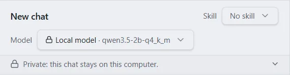 A chat header with the local model chosen and a line saying the chat stays on this computer.