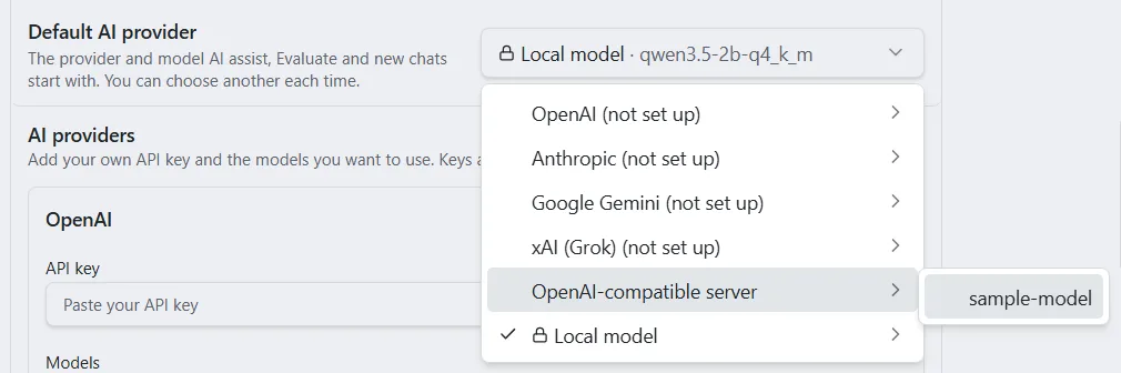 The Default AI provider picker open, listing the local model and each provider, with a provider’s models in a list beside it.
