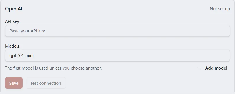The OpenAI box under AI providers, with an API key field, a model name, and the buttons Save and Test connection.
