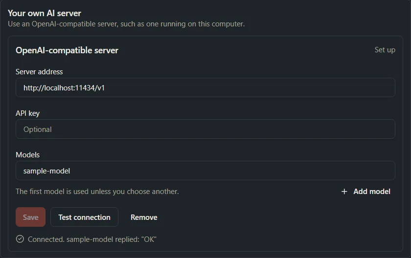 A provider box showing Connected and the model’s short reply after Test connection.