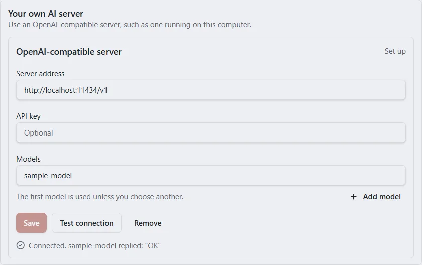 A provider box showing Connected and the model’s short reply after Test connection.
