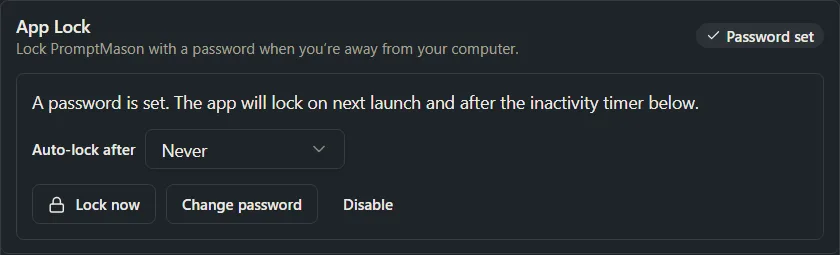 The App Lock row after a password is set, with Auto-lock after, Lock now, Change password and Disable buttons.