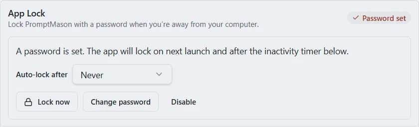 The App Lock row after a password is set, with Auto-lock after, Lock now, Change password and Disable buttons.