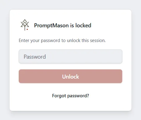 The lock screen reading PromptMason is locked, with a password box, an Unlock button and a Forgot password? link.
