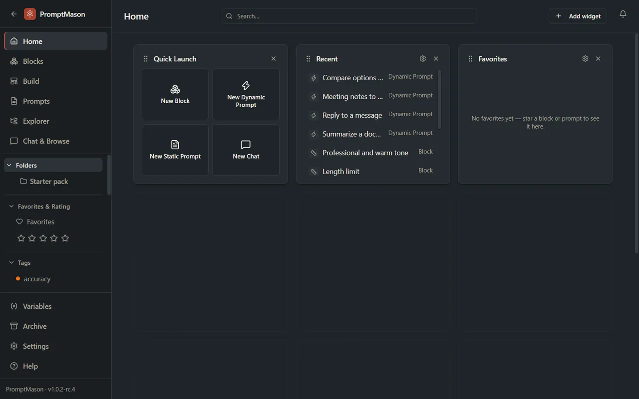 The PromptMason window: the sidebar on the left, the Home screen with its search box and bell on the right.