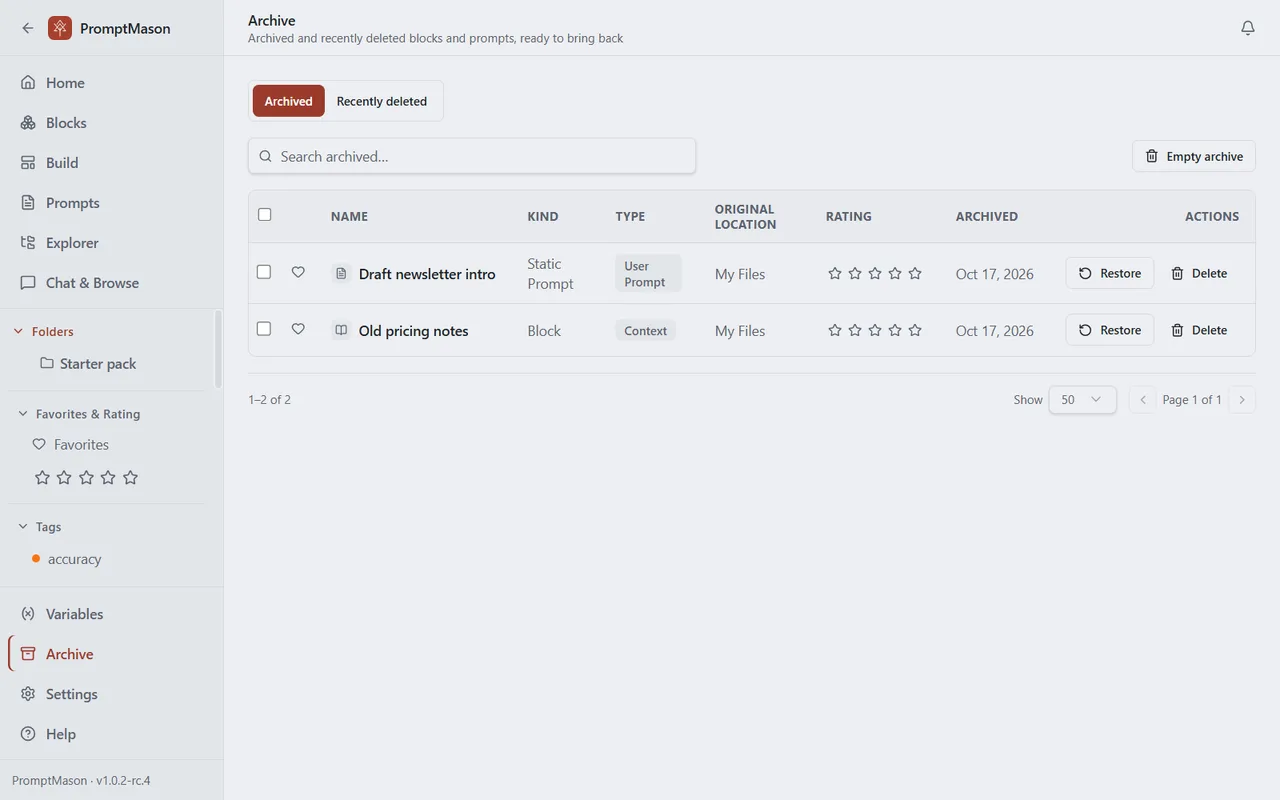 The Archive screen on its Archived tab, listing an archived block and an archived prompt with a Restore button for each.