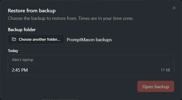 The Restore from backup window listing backups grouped by date and PC.