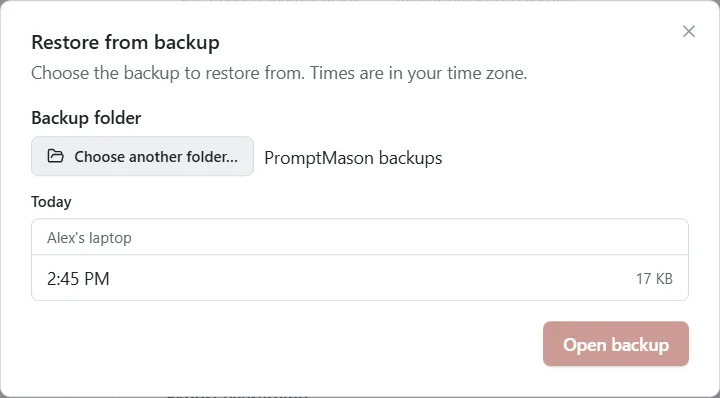The Restore from backup window listing backups grouped by date and PC.
