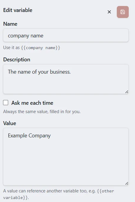 The company name variable open with a sample value in the Value box.