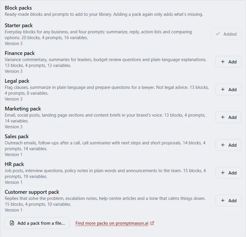 The Block packs row listing the Starter pack (Added), the six other packs each with an Add button, and an Add a pack from a file button.