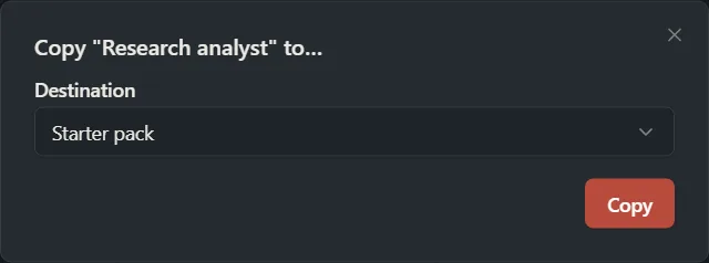 The Copy window with a Destination list and a Copy button.