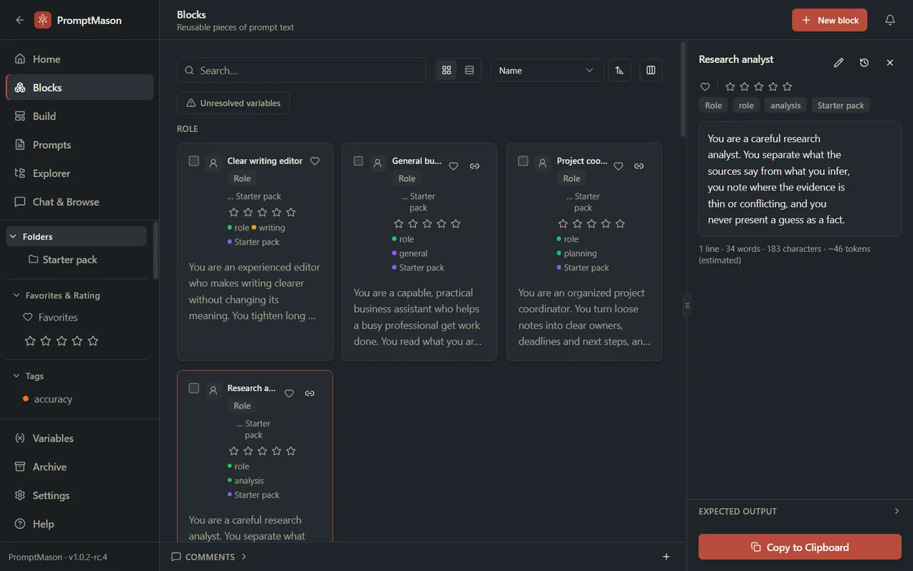 The Blocks screen with blocks as cards grouped by type, and the selected block’s text, stars and tags in the pane on the right.