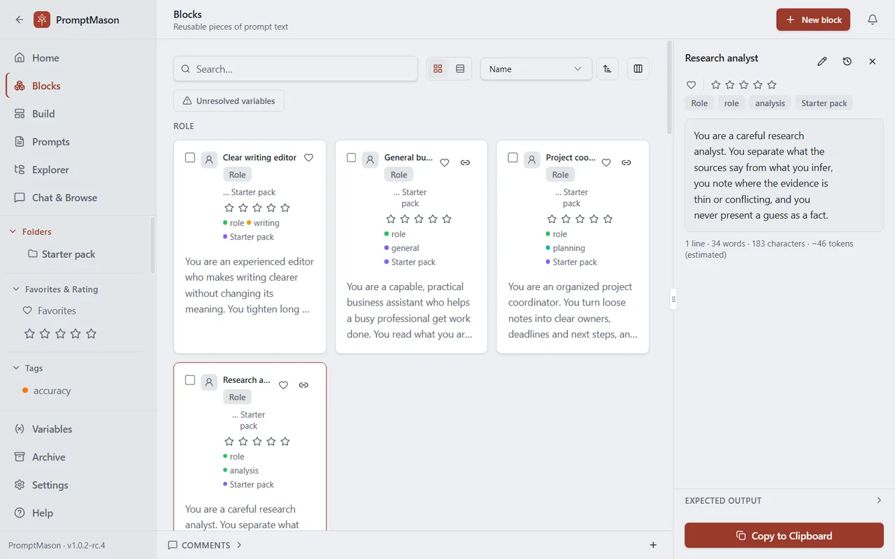 The Blocks screen with blocks as cards grouped by type, and the selected block’s text, stars and tags in the pane on the right.