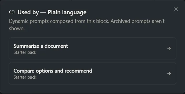 The Used by window listing the prompts built from a block and their folders.