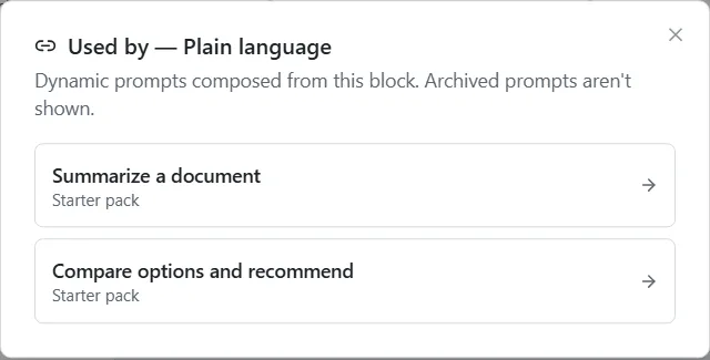 The Used by window listing the prompts built from a block and their folders.