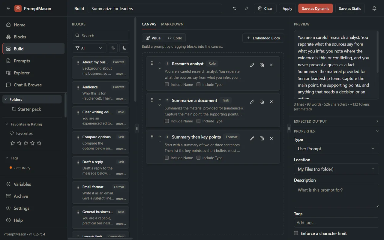 The Build screen: the block list on the left, three blocks on the canvas in the middle, and the Preview and Properties panes on the right.