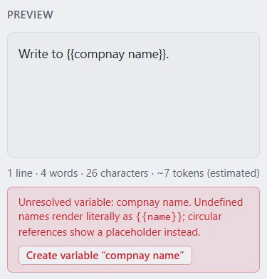 The preview with a warning that the variable compnay name is unresolved.