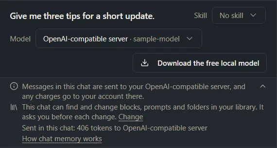 A chat header with the Model picker and a Download the free local model button, and the notice opened to show where messages go, the library line with Change, a token count and How chat memory works.