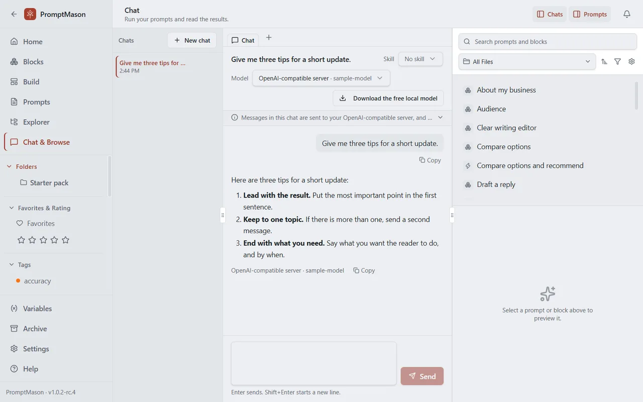 The Chat screen with a message and a reply, the chats list on the left and prompts on the right.