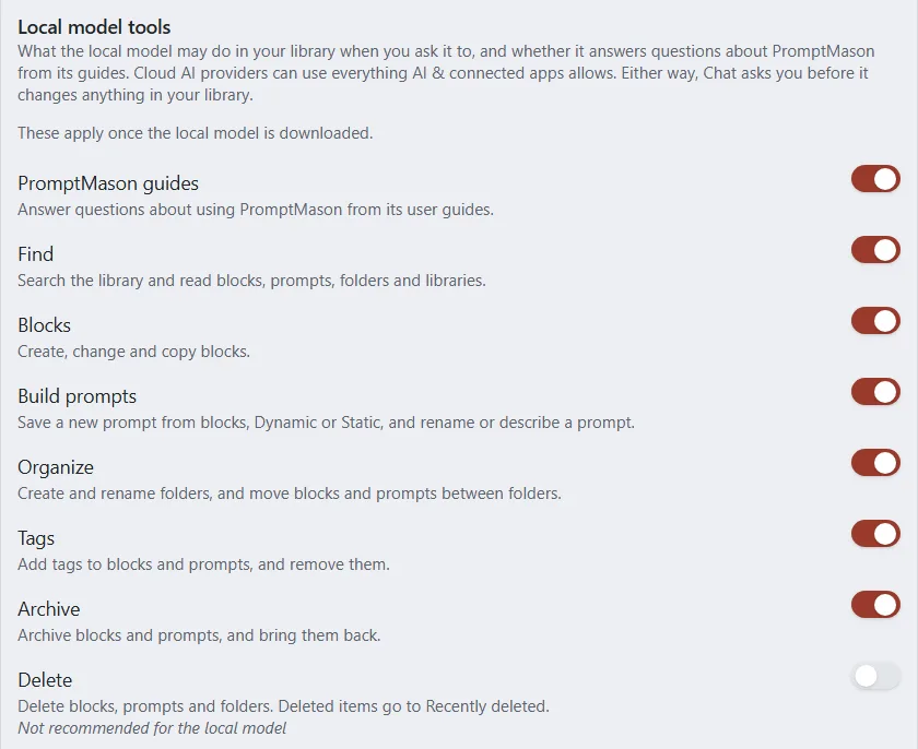 The Local model tools row in Settings with a switch for each kind of task, starting with PromptMason guides.