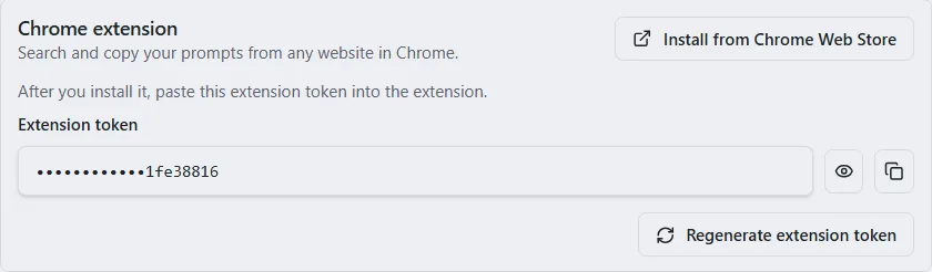 The Chrome extension card with an Install from Chrome Web Store button and the extension token hidden behind dots, with show and copy buttons.