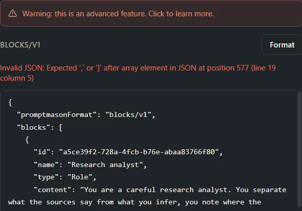 The code box with a red Invalid JSON message under the Format button.