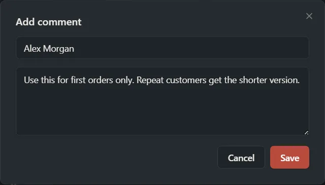 The Add comment window with a name box, a text box and a Save button.