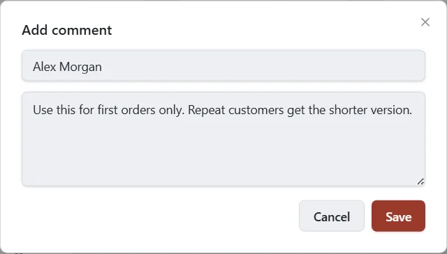 The Add comment window with a name box, a text box and a Save button.