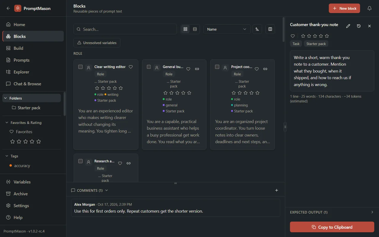 The Blocks screen with the Comments panel open at the bottom, showing one comment with the name Alex Morgan and a date.