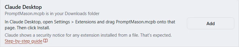 The Claude Desktop row saying the PromptMason.mcpb file is in the Downloads folder.