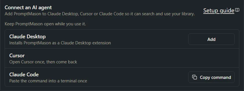 The Connect an AI agent section with an Add button for Claude Desktop.