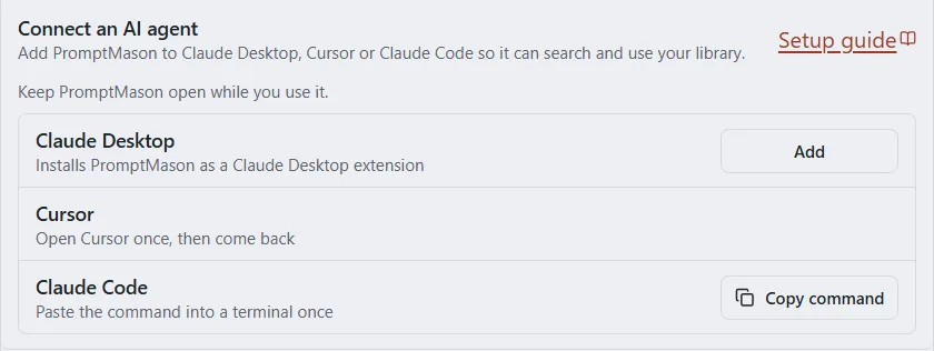 The Connect an AI agent section with an Add button for Claude Desktop.