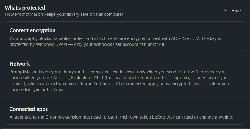 The What’s protected row opened to show Content encryption, Network and Connected apps.