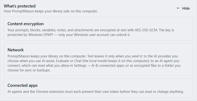 The What’s protected row opened to show Content encryption, Network and Connected apps.