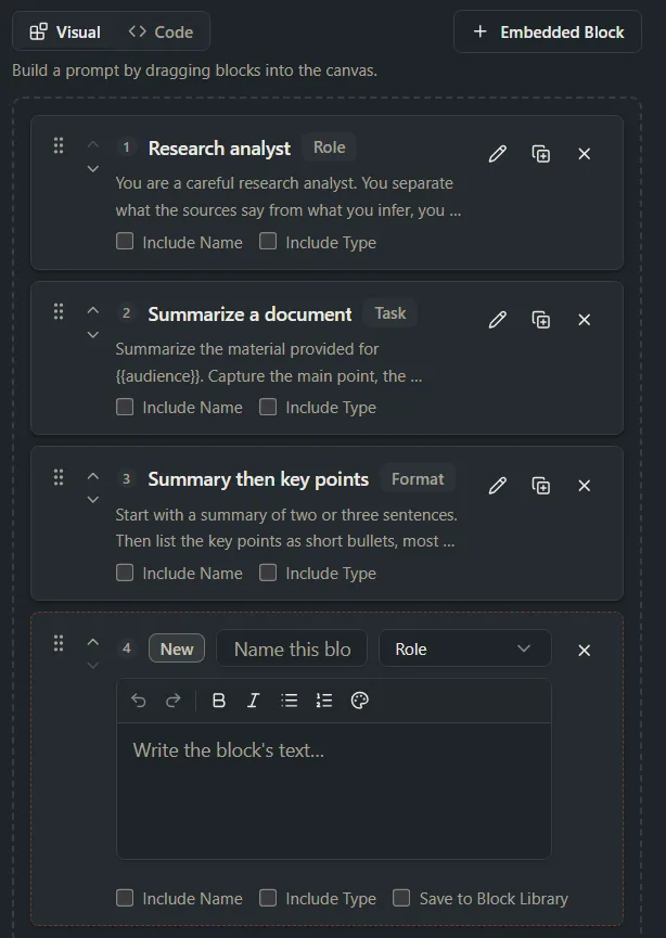 A new embedded block card at the bottom of the canvas, with a name box, a Type menu, a text box and a Save to Block Library checkbox.