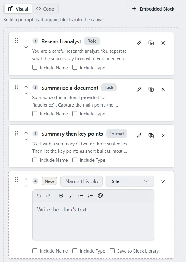A new embedded block card at the bottom of the canvas, with a name box, a Type menu, a text box and a Save to Block Library checkbox.