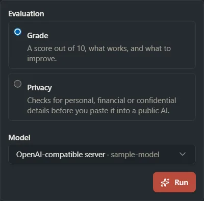 The Evaluate box with Grade chosen, a Model list and a Run button.