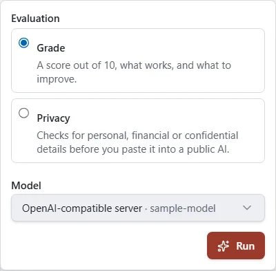 The Evaluate box with Grade chosen, a Model list and a Run button.