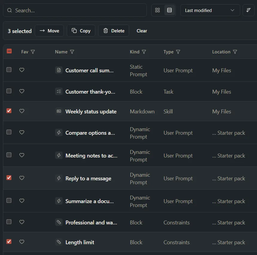 The selection bar above an Explorer list showing how many items are selected and its Move, Copy, Delete and Clear buttons.
