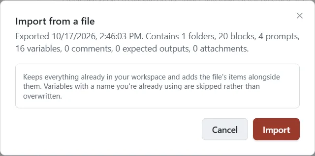 The Import from a file window showing when the file was exported, what it holds and an Import button.
