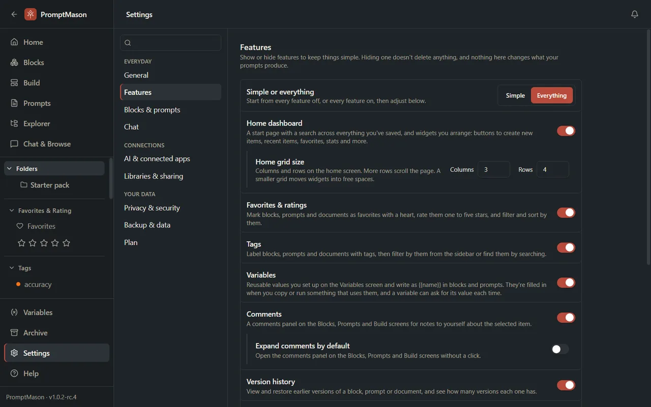 The Features pane in Settings with a switch for each feature, such as Home dashboard, Tags and Variables, and a Simple or Everything choice at the top.