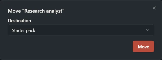 The Move window with a Destination list of folders and a Move button.